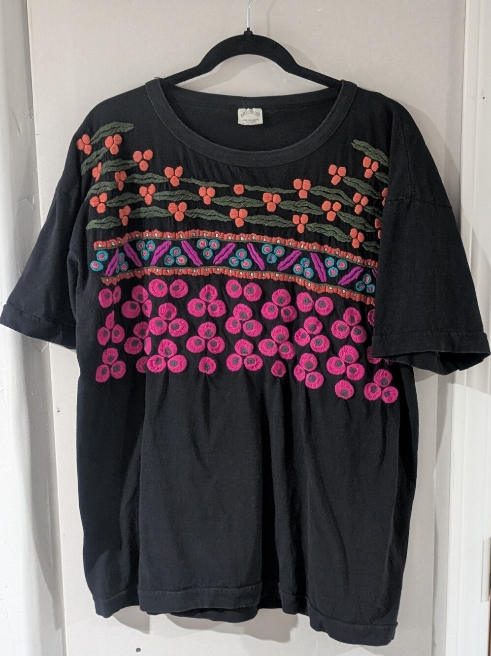Black Embroidered Floral Tee with Pink & Orange Accents